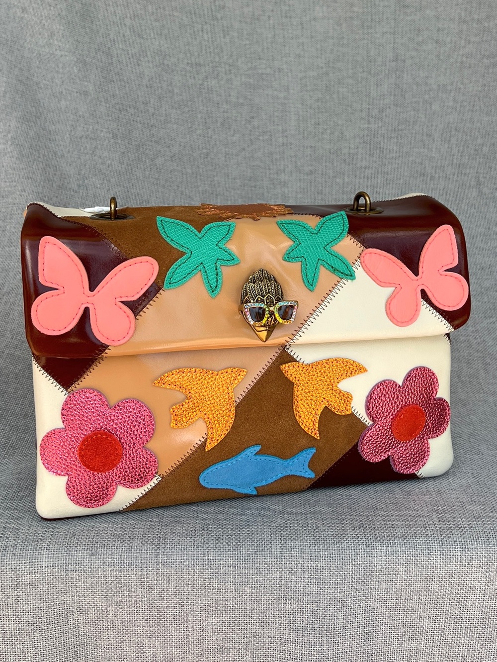 Kurt Geiger Kensington Leather patch appliqué butterfly birds flowers fish bag